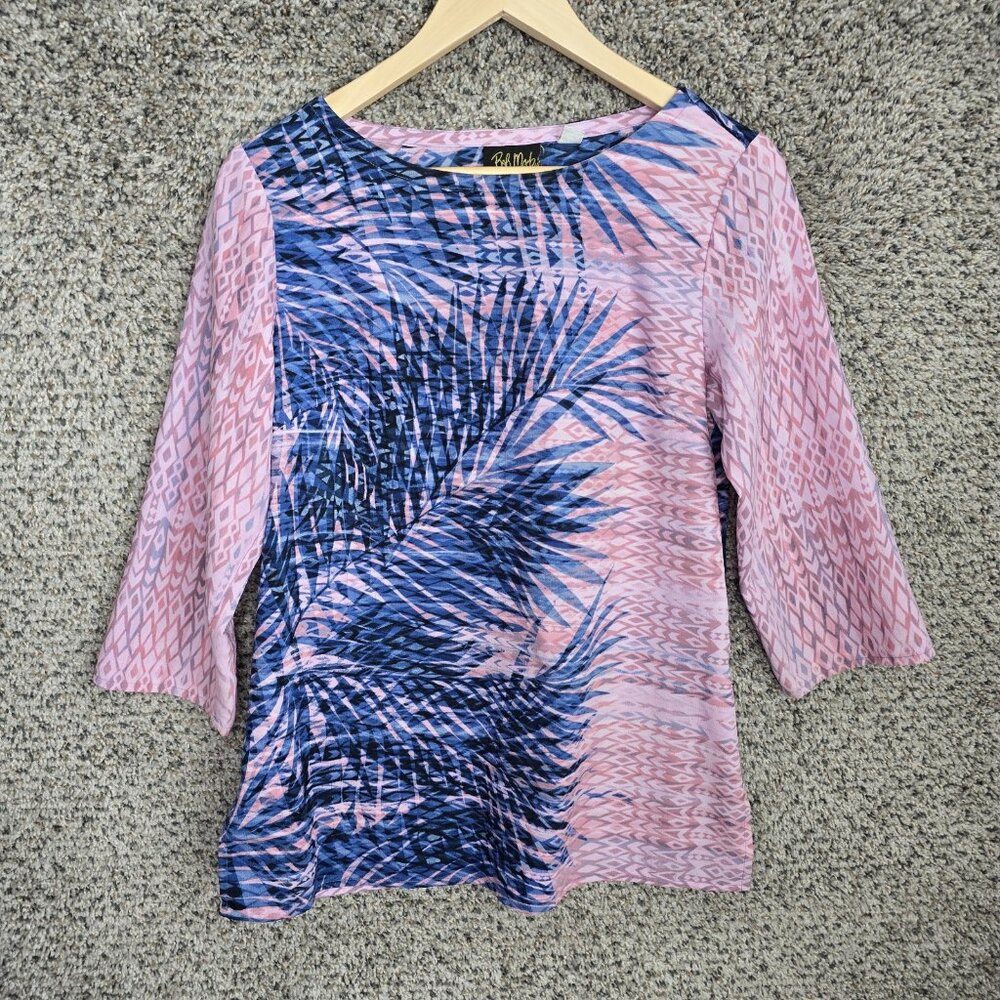 Bob Mackie Wearable Art Top‎ Womens XS Pink Blue Oversized Scoop Neck Blouse